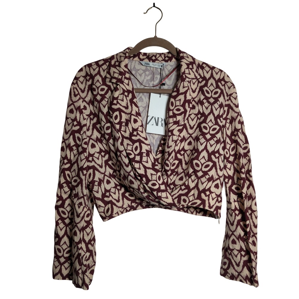Zara Maroon and Cream Cropped Wrap-Front Top